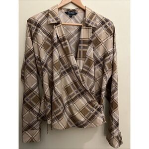 Lauren Ralph Lauren Tan Plaid Wrap Blouse Women's Large Long Sleeve